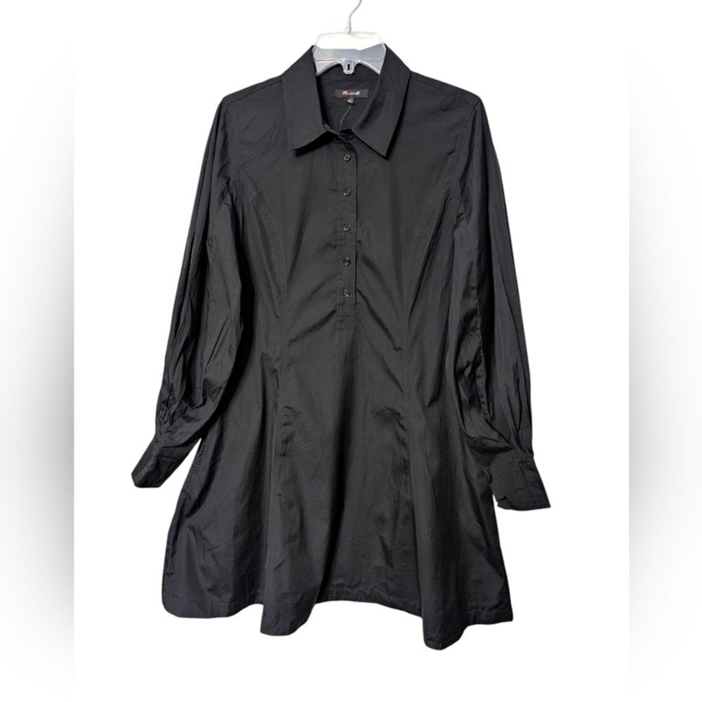 Madewell Seamed Long-Sleeve Mini A Line Flare Shirtdress in Black Poplin Size 10